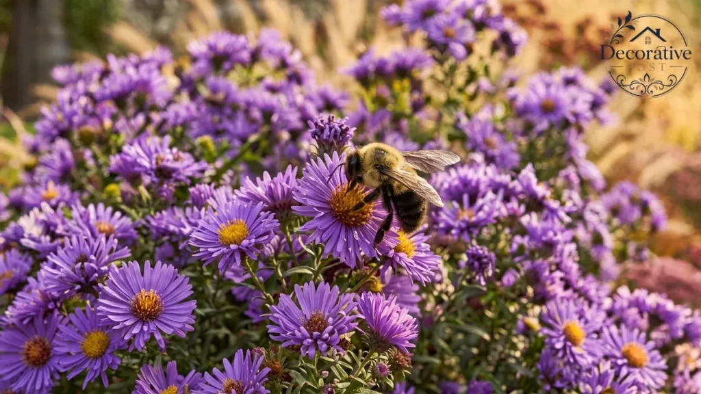 Close-up of a bee pollinating a purple New England aster in a September garden