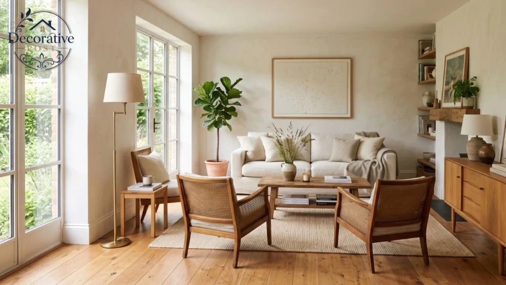Living room painted in White Dove paint with oak flooring and brass accents