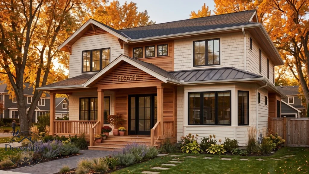 Home exterior painted in White Dove with black windows and cedar accents