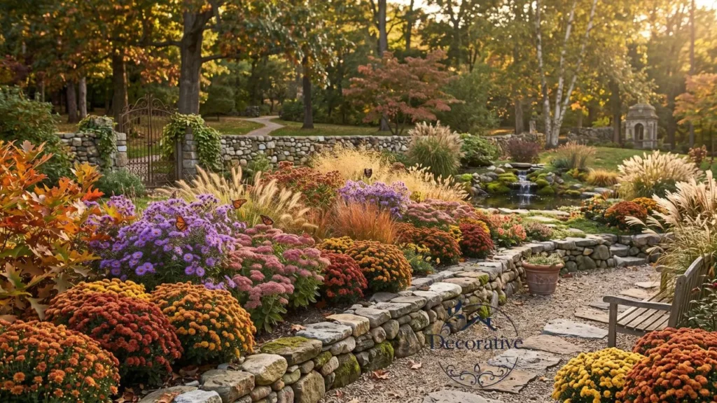 Mixed fall garden border with purple asters, pink sedum, and yellow mums in full September flowering bloom