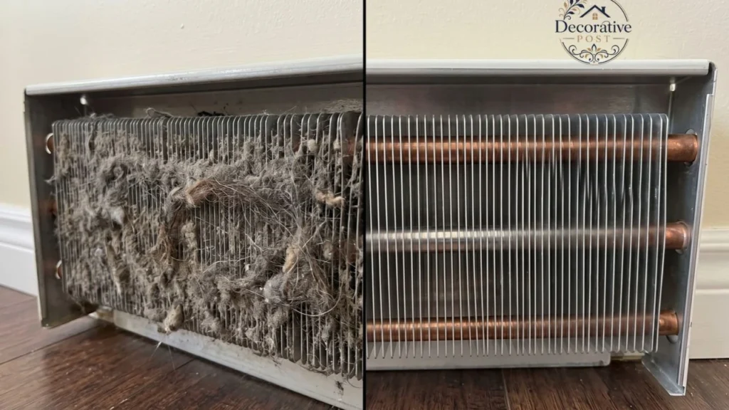 Before and after comparison of dirty and clean baseboard heater fins