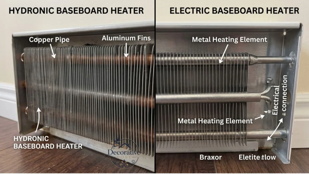 Hydronic baseboard heater with copper pipe beside an electric baseboard heater element