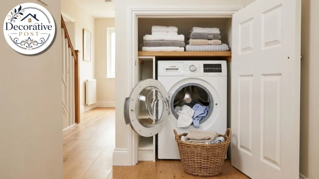 Front-loading washer dryer combo fitted into a hall cupboard with shelving above