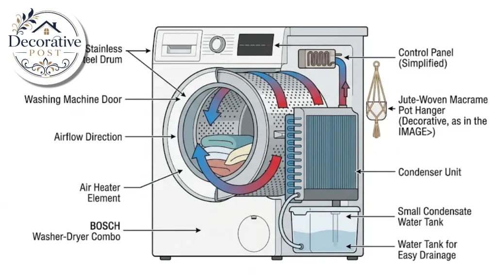 Diagram showing how a ventless combo recirculates warm air and condenses moisture