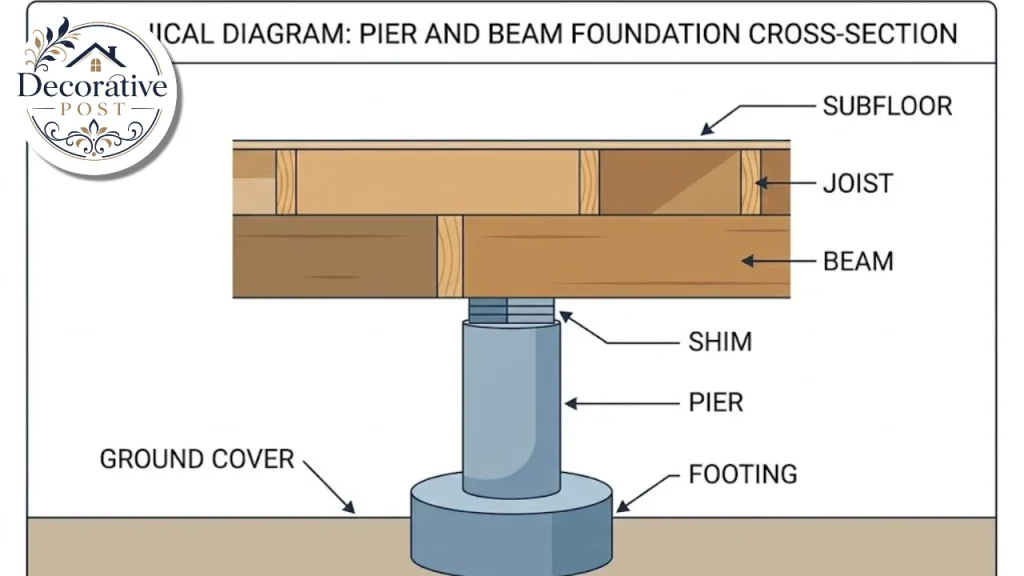 Labelled diagram of the parts of a pier and beam foundation