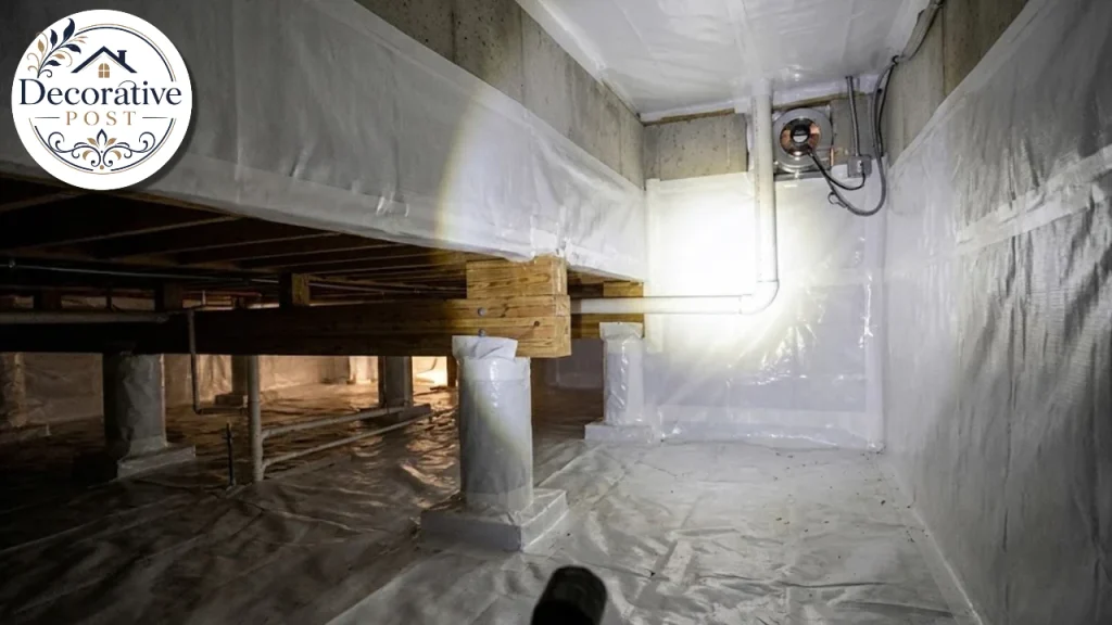 Sealed crawl space liner around piers prepared for radon mitigation