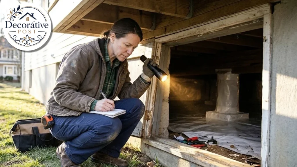Homeowner inspecting a crawl space with a flashlight and notepad
