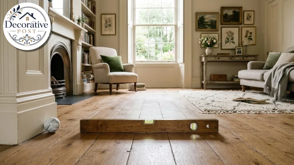 Marble and level showing a sloping floor over a pier and beam foundation