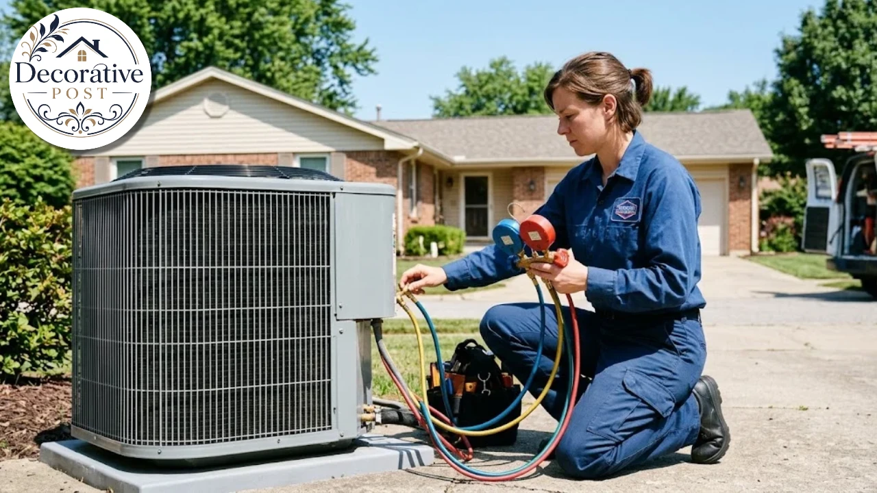 Air tech servicing an outdoor air conditioner condenser with a gauge set