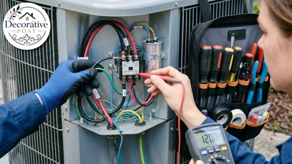 Technician testing electrical connections inside an air conditioner panel