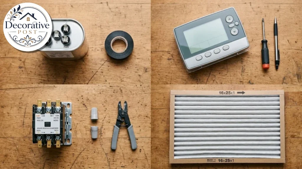 Common air conditioner parts including capacitor, contactor and filter