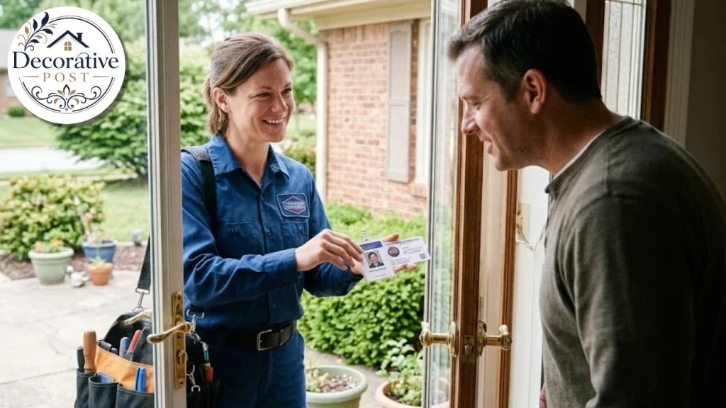 Air tech showing certification card to a homeowner at the door