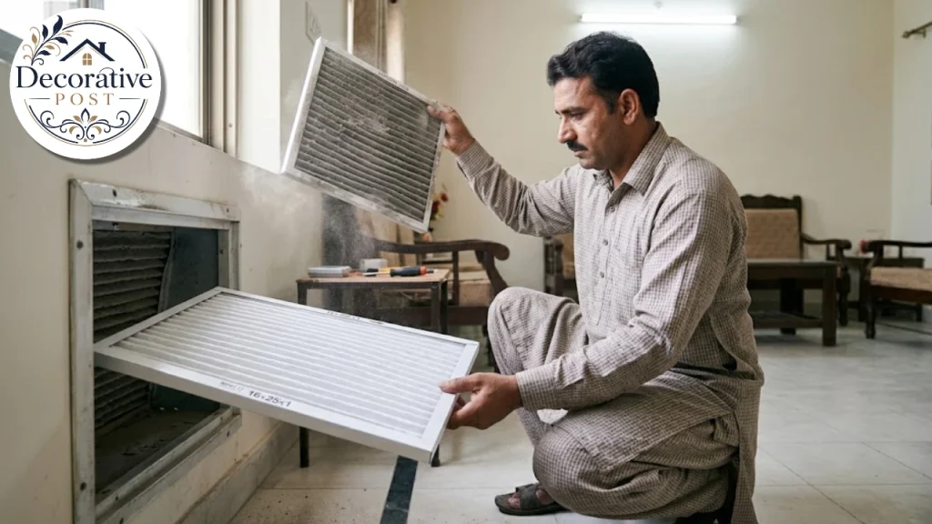 Homeowner replacing a dirty air filter in a return vent