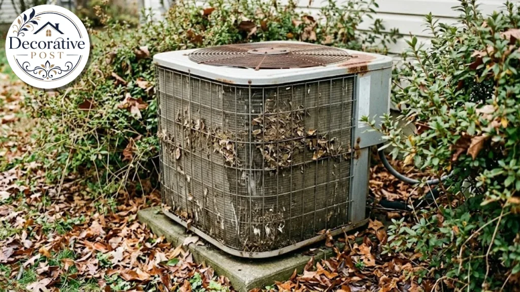 Outdoor air conditioner unit blocked by plants and debris