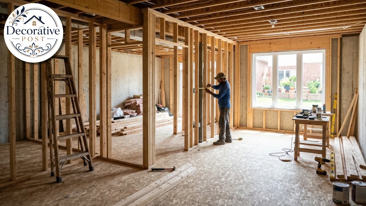 Basement during a finishing project with framed walls and new subfloor
