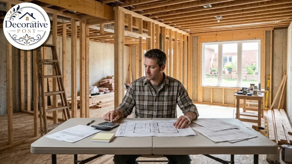 Homeowner reviewing a basement finishing budget and floor plan