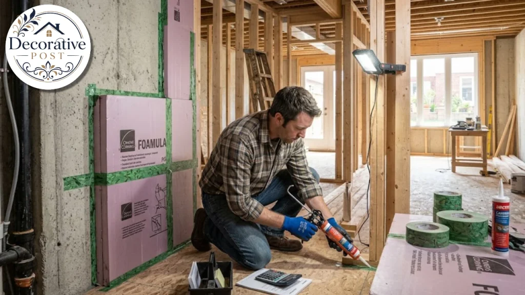 Rigid foam insulation sealed against a basement foundation wall