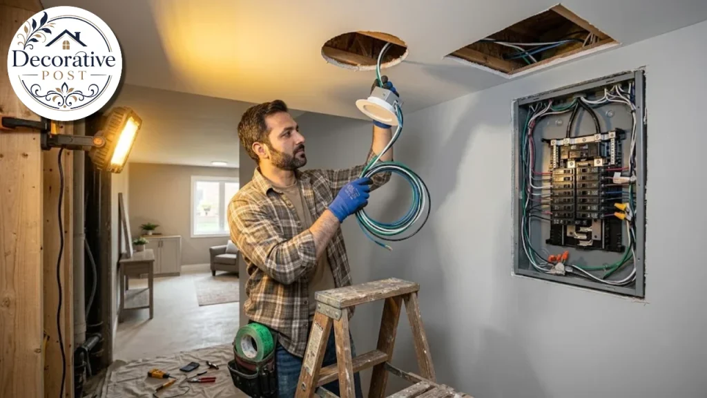 Electrician installing a light in a finished basement ceiling