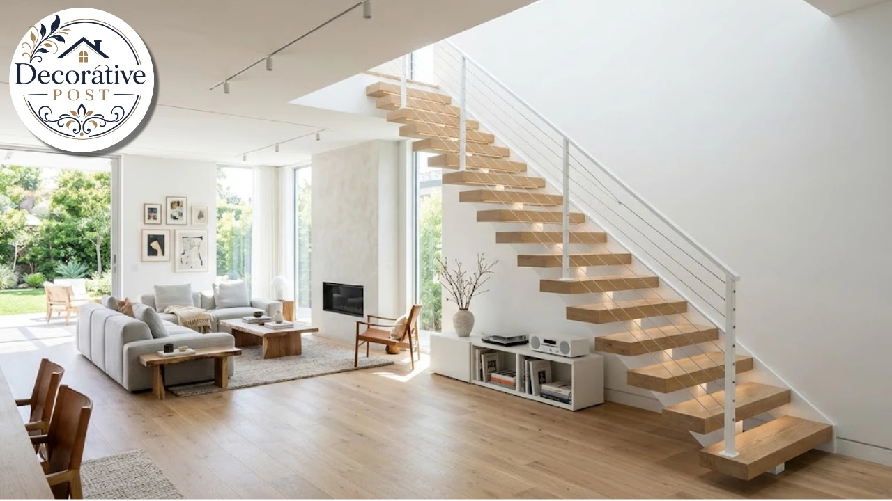 Floating staircase with wood treads along a white wall in an open-plan living room