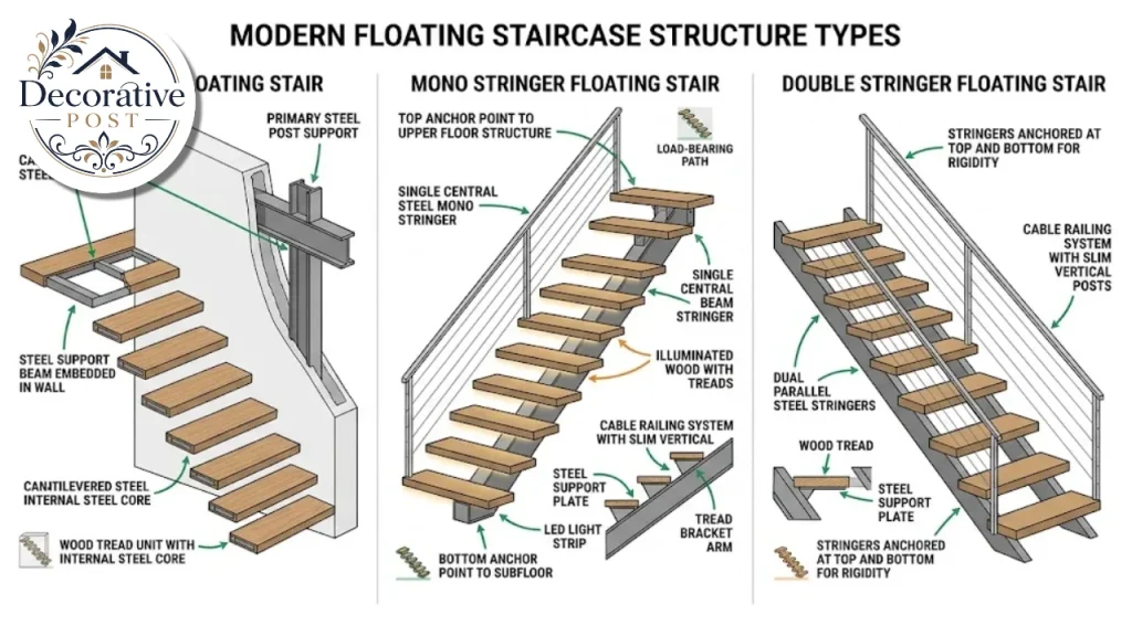 Diagram comparing cantilever, mono stringer and double stringer floating staircase structures
