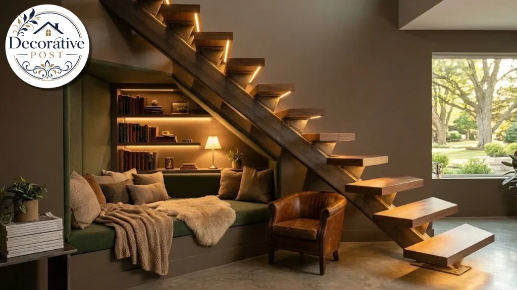 Floating staircase in a finished basement with tread lighting and a reading nook