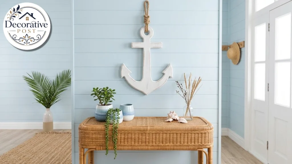 White plywood anchor hanging above a console in a coastal entryway