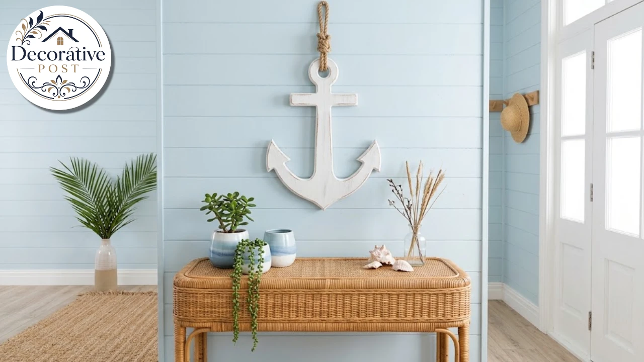 White plywood anchor hanging above a console in a coastal entryway