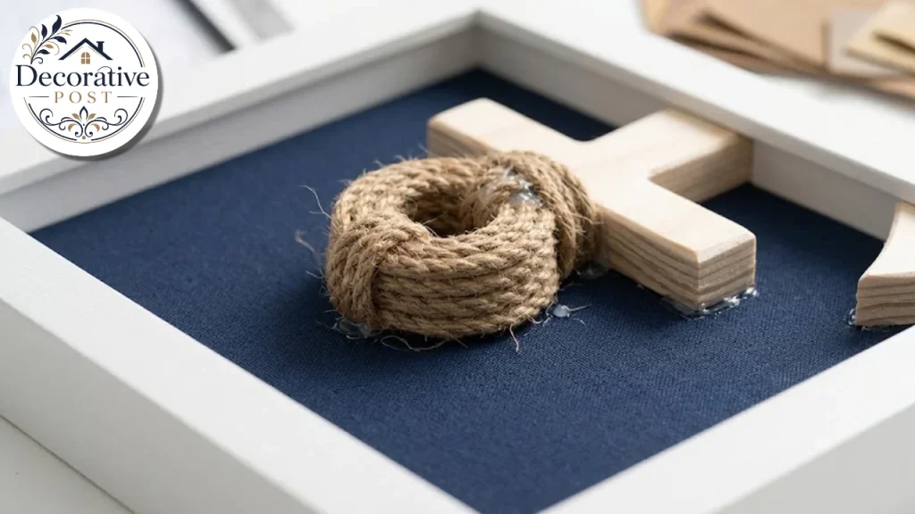 Rope anchor on a navy painted board with a white frame