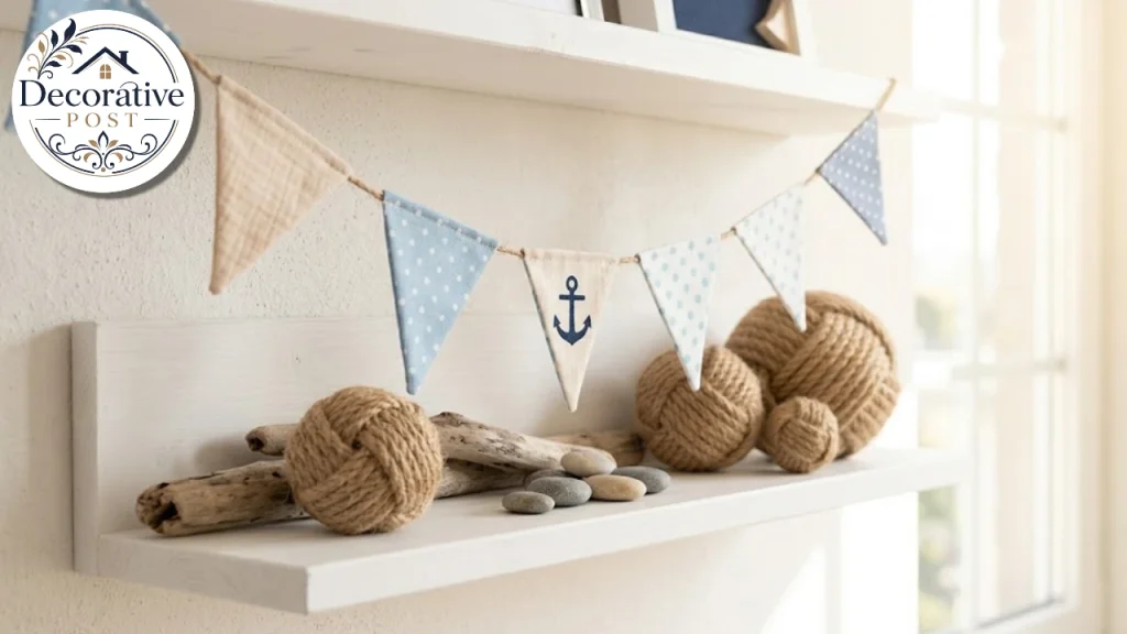 Nautical flag garland with an anchor flag above a shelf of driftwood and rope balls