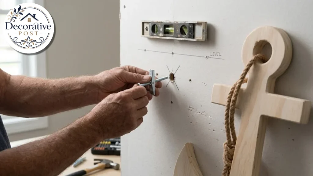 Installing a toggle bolt to hang a large wooden anchor on drywall