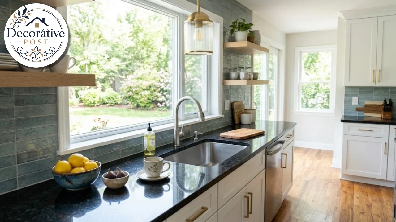 Finished kitchen with a polished granite countertop and undermount sink