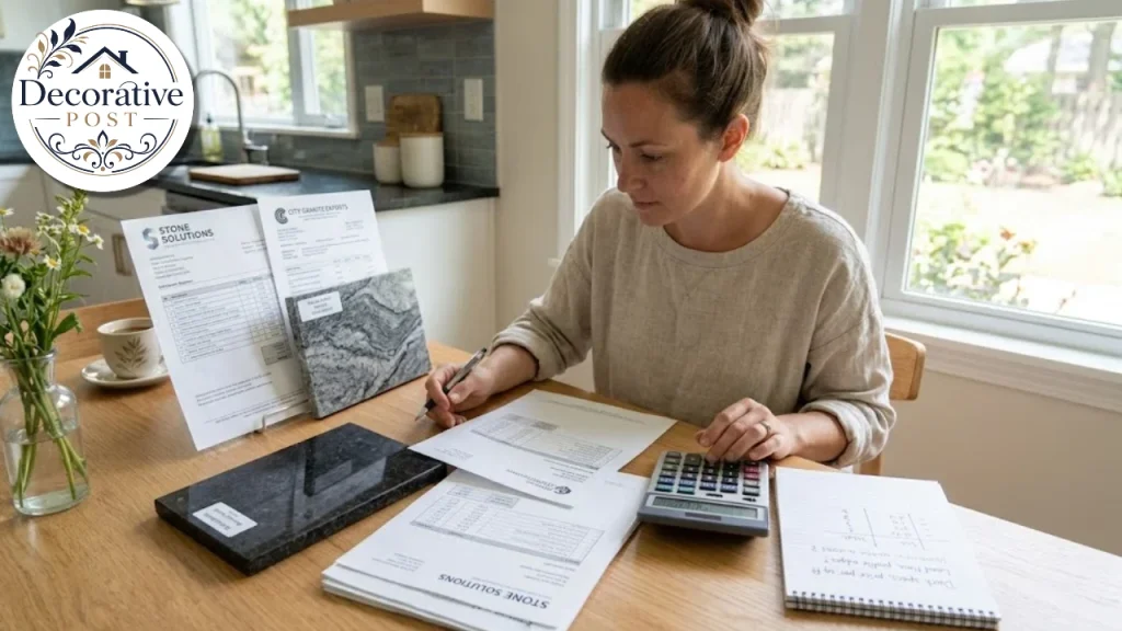 Homeowner comparing granite countertop quotes and samples