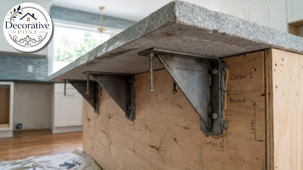 Steel corbels supporting a granite island overhang