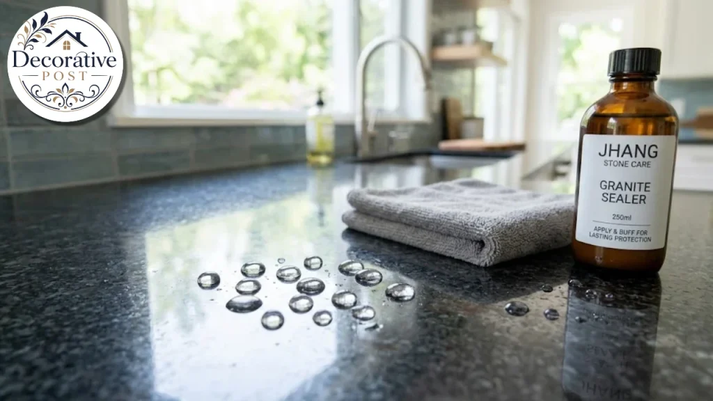 Water beading on sealed granite countertop