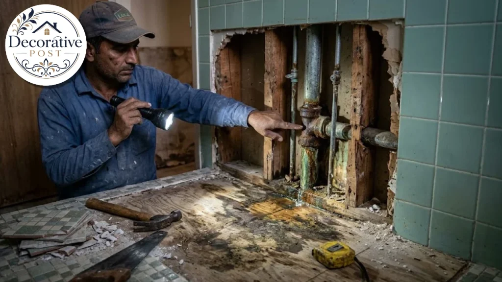 Homeowner planning a small bathroom remodel budget with tile samples