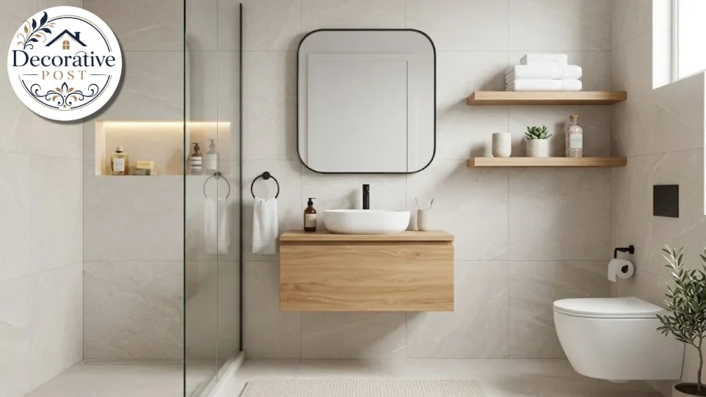 Compact bathroom with wall niche, floating shelves and a wall-hung vanity