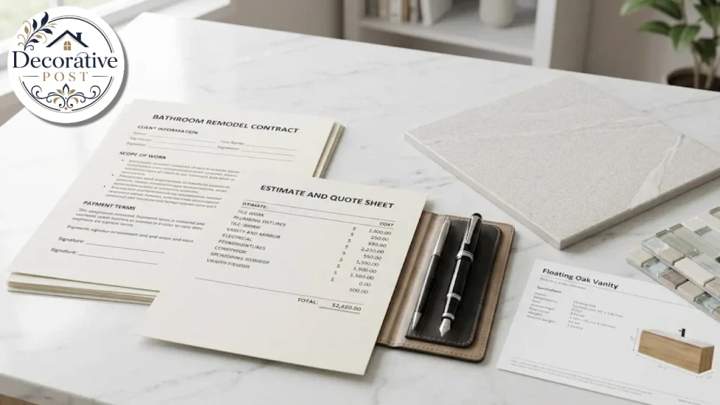 Written bathroom remodel contract and quotes on a table