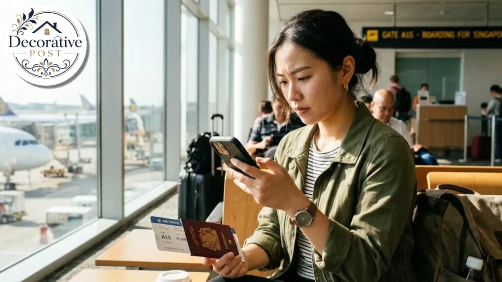 Traveller reviewing a travel medical insurance policy at an airport gate