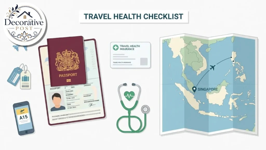 Passport, insurance card and map representing travel medical insurance cover