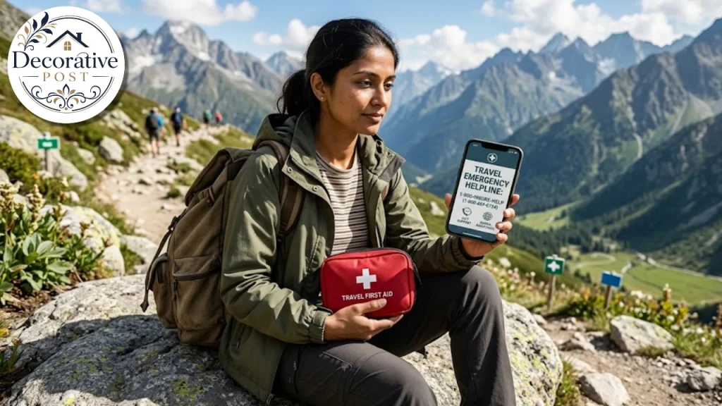 Hiker with a first aid kit and emergency assistance number on a phone