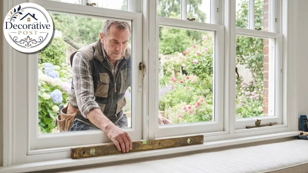 Installer levelling the sill of a mulled three-window group