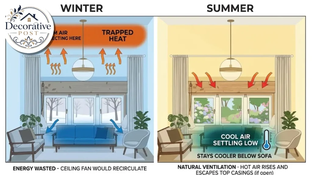 Diagram of warm air collecting near a high ceiling
