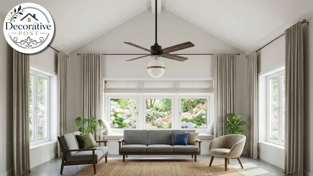 Ceiling fan on a long downrod in a room with a high ceiling