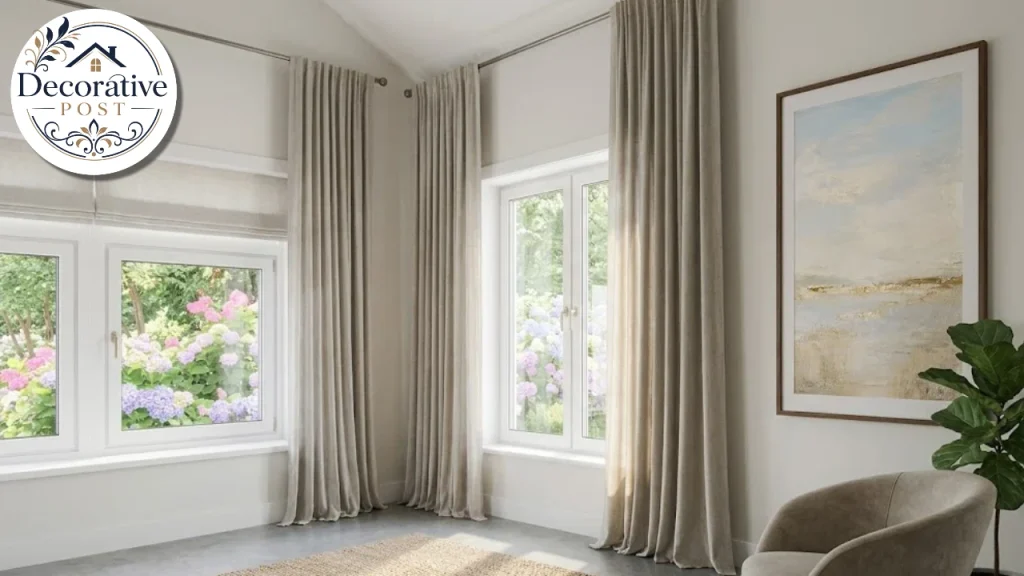 Floor-to-ceiling curtains hung high on a tall window
