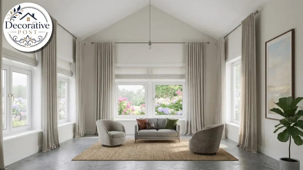 Small light fixture and furniture lost in a room with a high ceiling