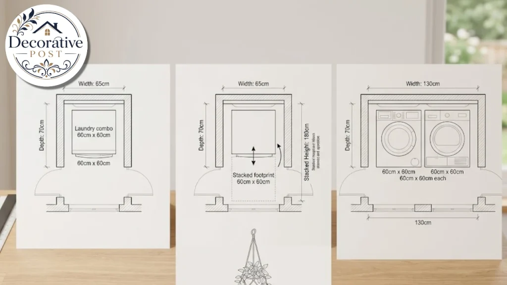 Floor-plan comparison of a combo, a stacked pair and side-by-side machines in the same alcove