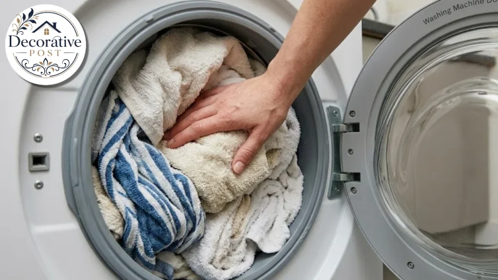 Overloaded washer dryer drum with towels still damp after a dry cycle