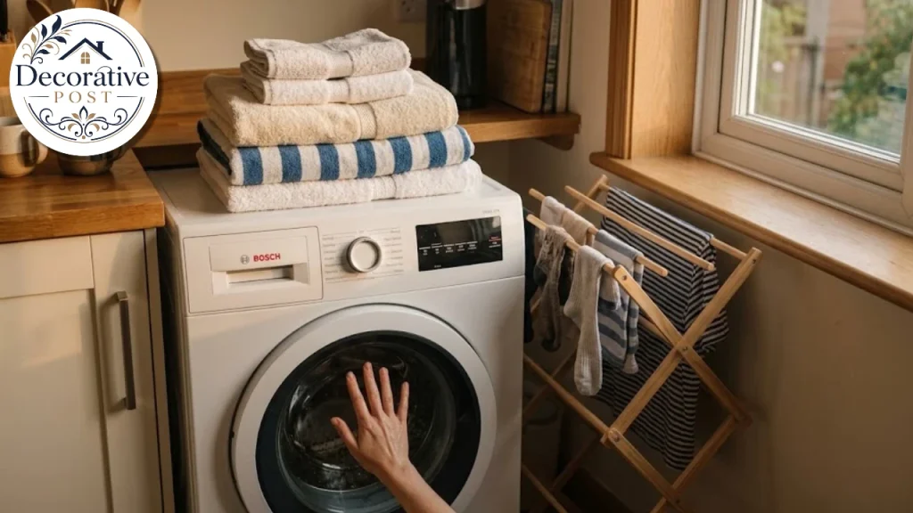 Compact apartment laundry corner with a washer dryer combo and a drying rack