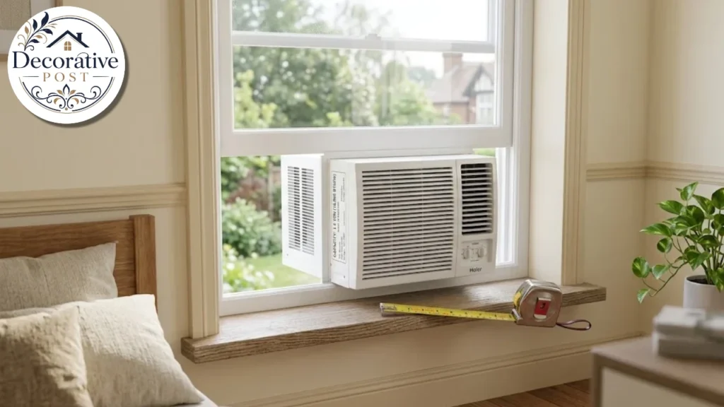 Window air conditioner with its BTU capacity label visible in a bedroom