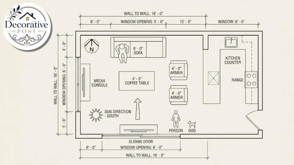 Floor plan of a living room marked with dimensions, sun direction and heat sources for BTU sizing
